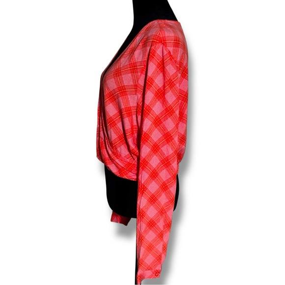 BP Vibrant Coral/Pink/Orange Plaid Long Sleeve V Neck Cropped Wrap Blouse - Picture 7 of 16